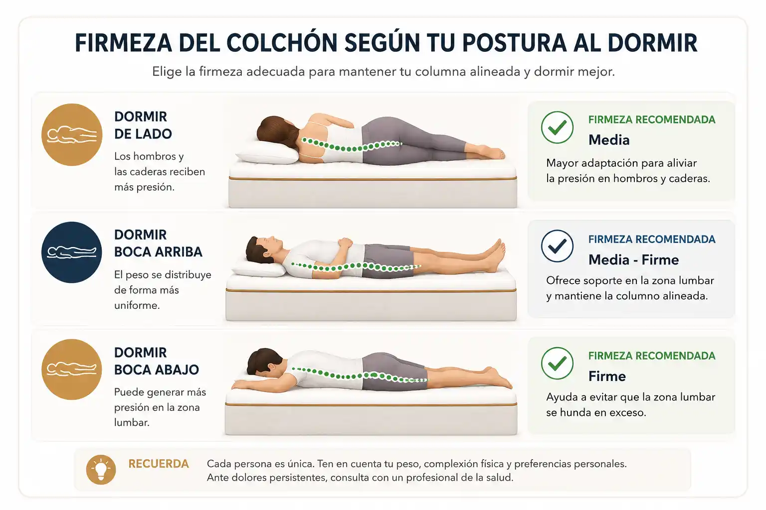 Infografía sobre la firmeza recomendada del colchón según la postura al dormir: de lado, boca arriba y boca abajo.
